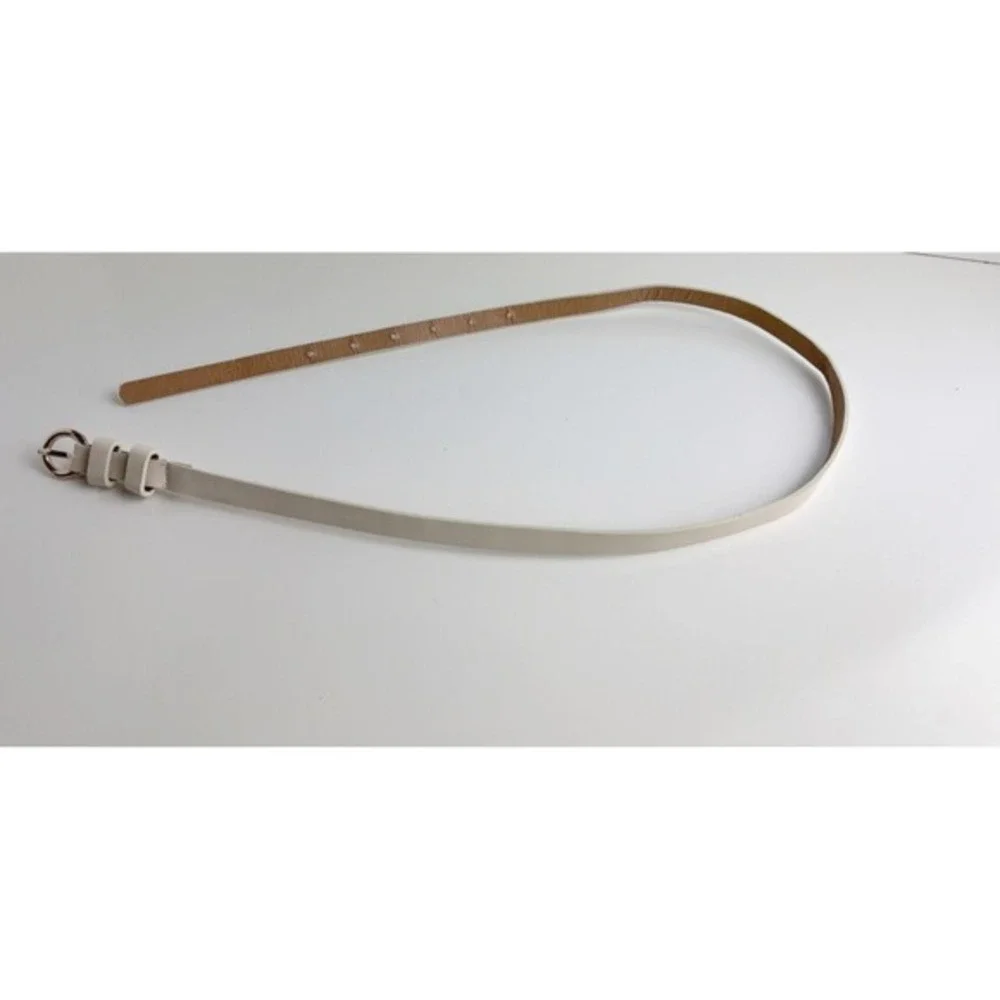 Womens‎ Skinny Cream Faux Leather Belt Gold Round Buckle Off White Cinch Belt